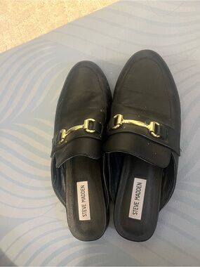 Steve Madden Black Leather Slip-On Mules with Gold Hardware